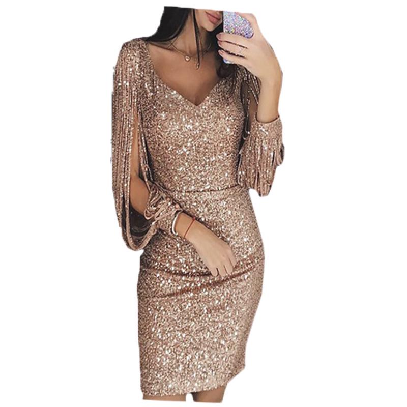 Ladies Elegant Sequins Sexy Vneck Mini Casual Cocktail Party Slim Stylish Dress