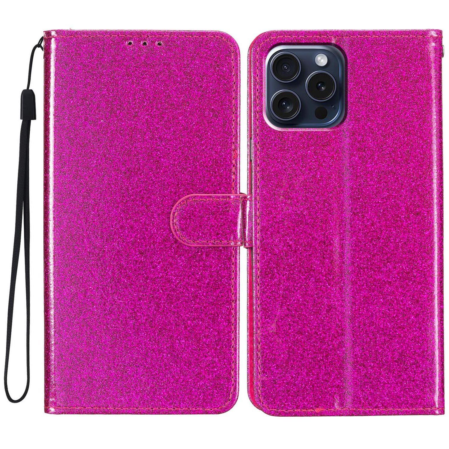 

For iPhone 16 Pro Case Glitter PU Leather Wallet Card Slots Phone Cover Rose