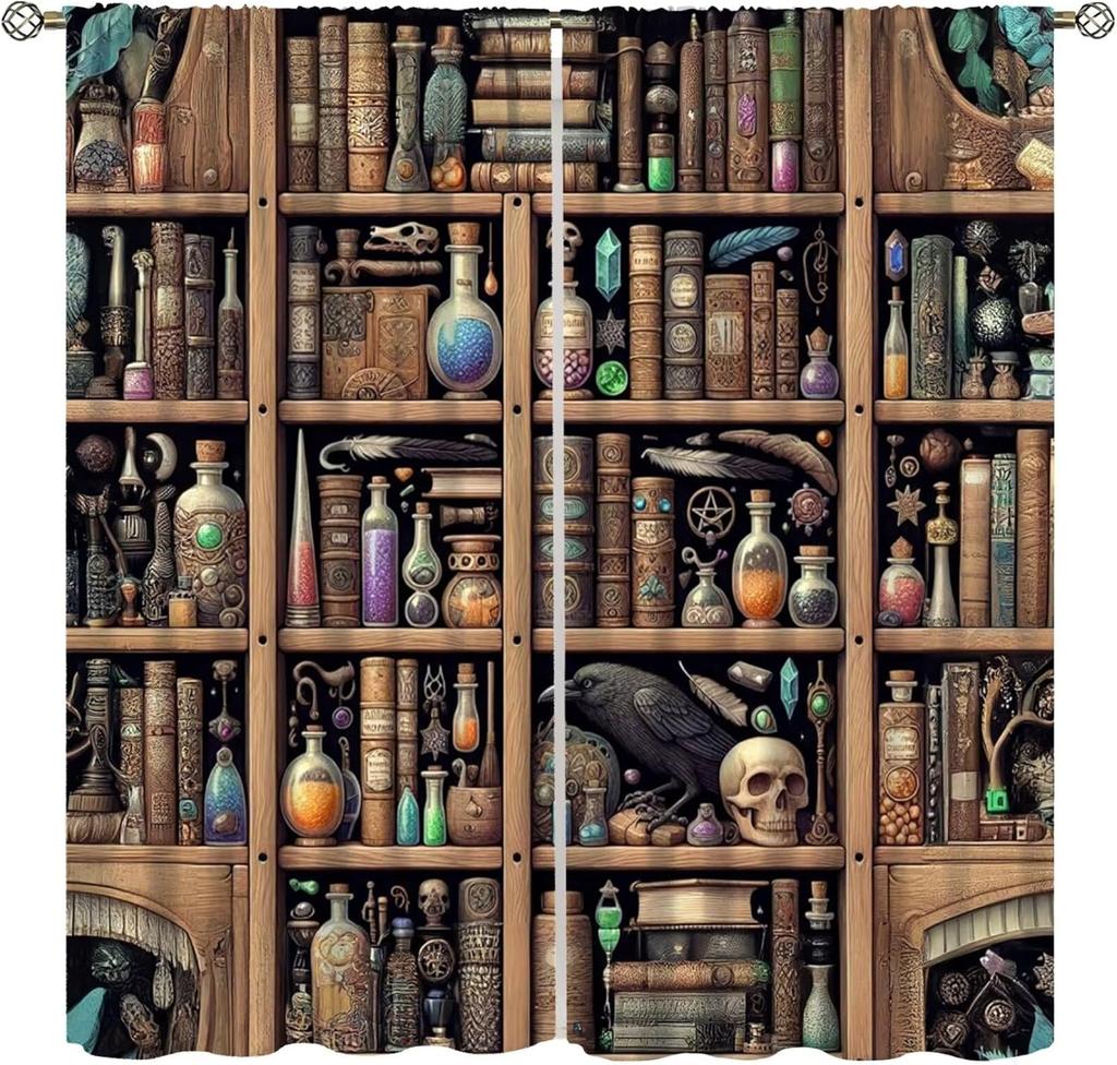 Gothic Bookshelf Curtain Antique Bookcase Spooky Skull Magic Book Halloween Themed Decor Window Kids Teens Adults Curtains Made Of Polyester