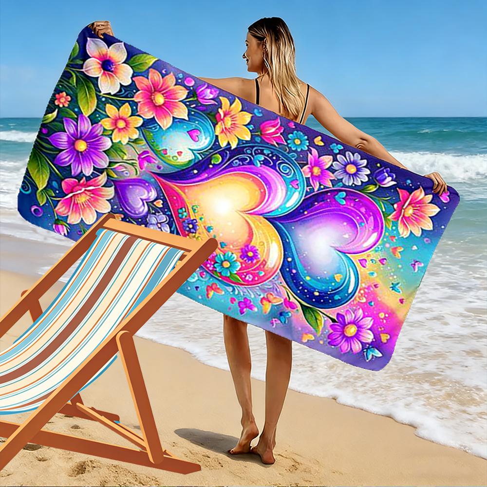 Colorful Heart & Floral Design Beach Towel Quick-drying for Travel Outdoor Sports Jogging Beach and Swimming
