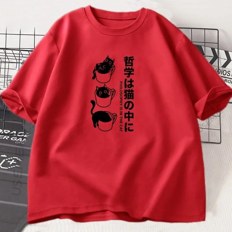 Funny Kawaii Cat T-Shirt Japanese Cat Coffee Lover T Shirt Women Streetwear Harajuku Clothing Cute Black Cat Tee Women Tops