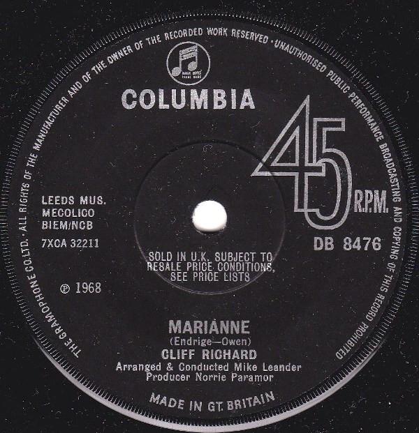 

7-дюймовая пластинка CLIFF RICHARD Marianne DB8476 Columbia 1968 UK Поп Б/у