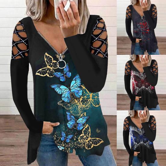 

Осенний топ с V-образным вырезом и принтом бабочек для женщин с открытой блузкой на молнии