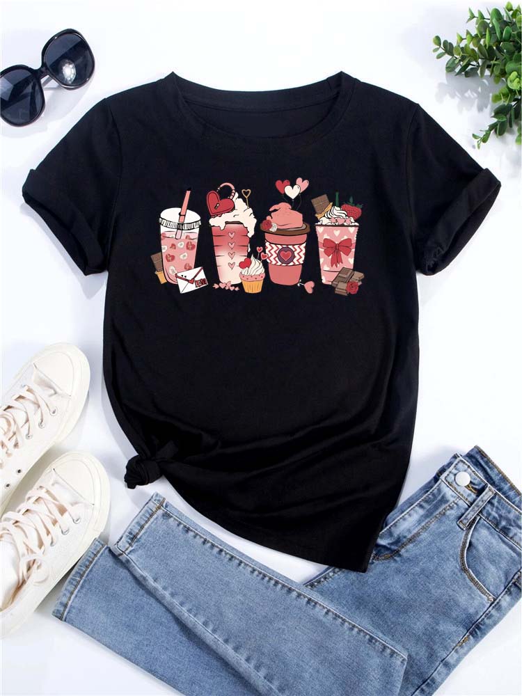 Maycaur Women's Oversized T-shirt Tee Korean Fashion Coffee Cup Print Graphic Female Clothes Valentine's Day Tops Lover T Shirts