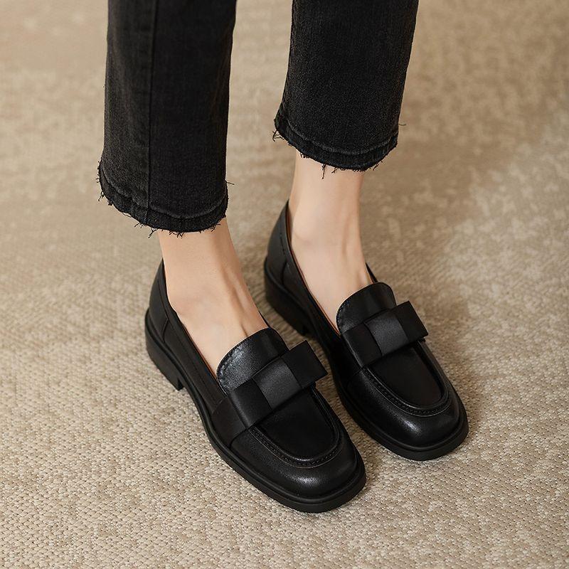 2025 Spring and Autumn New French Leather Shoes, Women's British Style Retro Square-toed Loafers, Bow Mary Jane Single Shoes