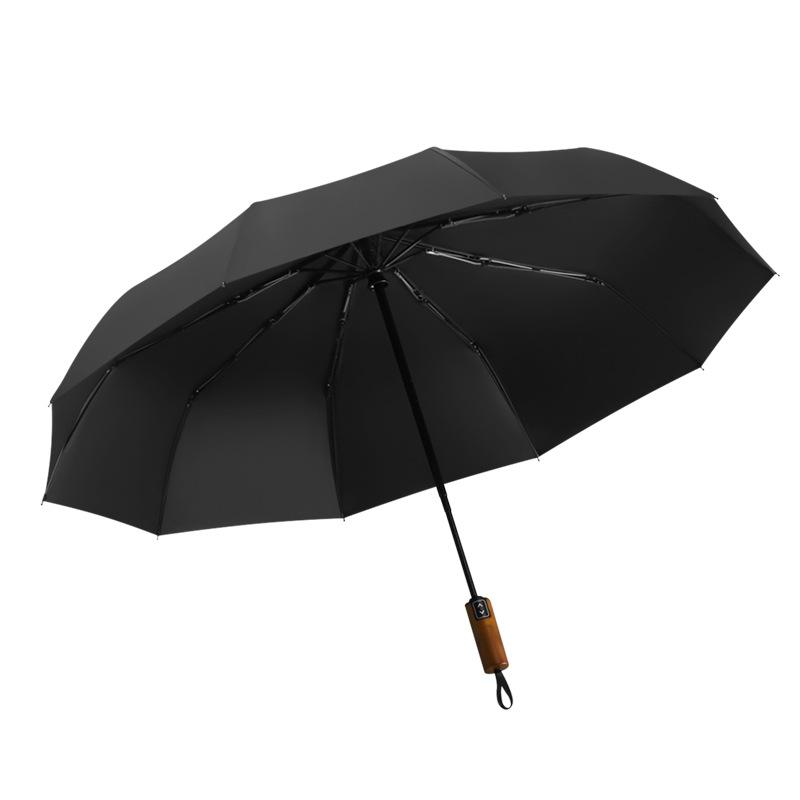 10-Bone Automatic Wooden Handle Lettering Umbrella Men's Umbrella Three-fold Umbrella Parasol