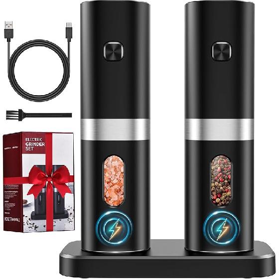 Electric Salt and Pepper Grinder Set, New Rechargeable Salt and Pepper Mill with 4*Rechargeable Batteries, Charging Base, White Light, One Hand Classic Black
