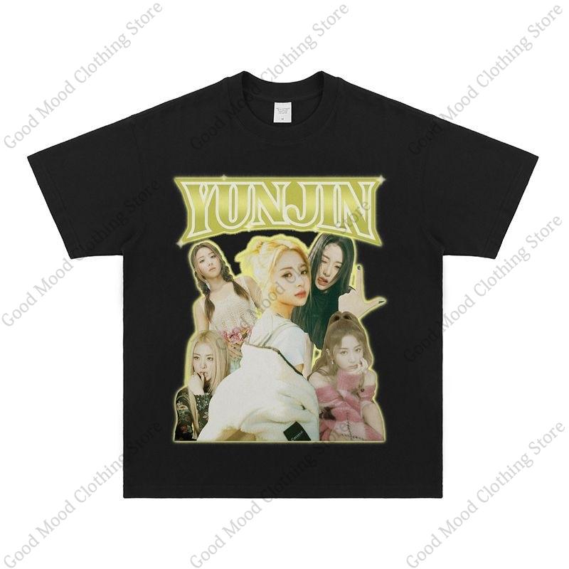 T-shirt Huh Yunjin Moda Kpop T-shirt con Stampa Retro Tendenza Street Unisex Donna Larga Cotone Morbido di Alta Qualità Maglietta a Maniche Corte Top