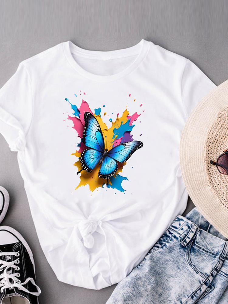 (Asian Size) Watercolor Butterfly Trend Print Casual Top O-neck Short Sleeve T-shirts T Graphic Tee Fashion Female Women's Clothing