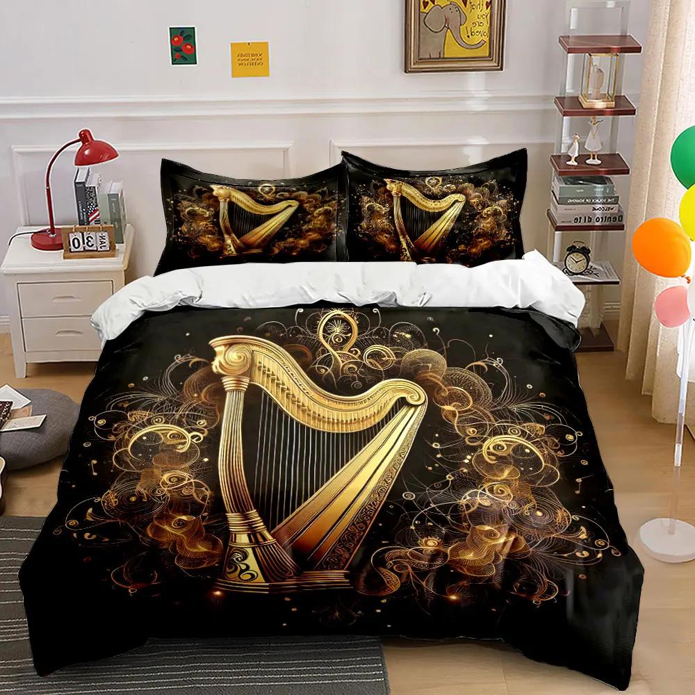 "Elegant Golden Harp Trio Decor" Soft Comfortable Duvet Cover Bedding Set Included 1*Duvet Cover & 2*Pillowcases, gift