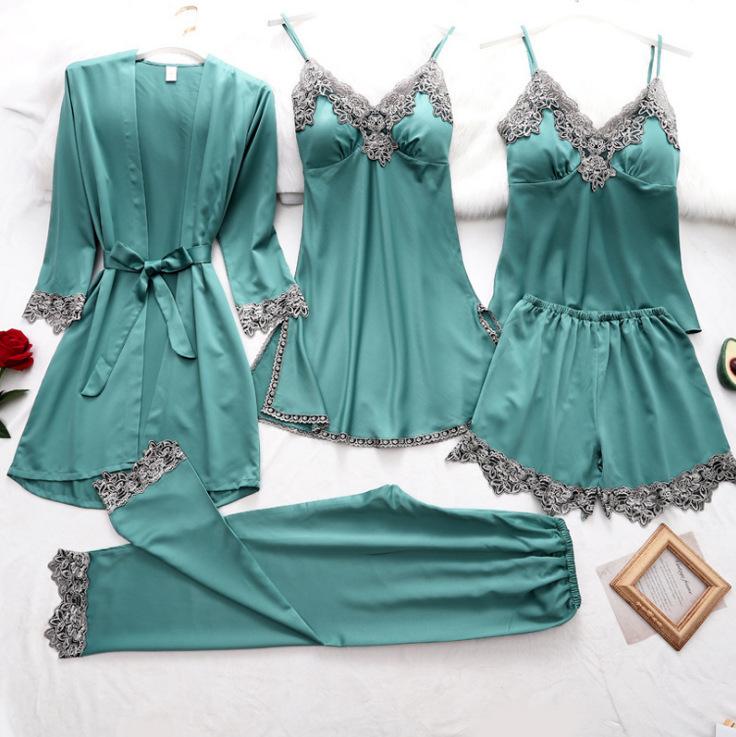 Women's Loungewear European and American Pajamas Simulation Silk Pajamas Sex Underwear Suspender Sexy Five-piece Set