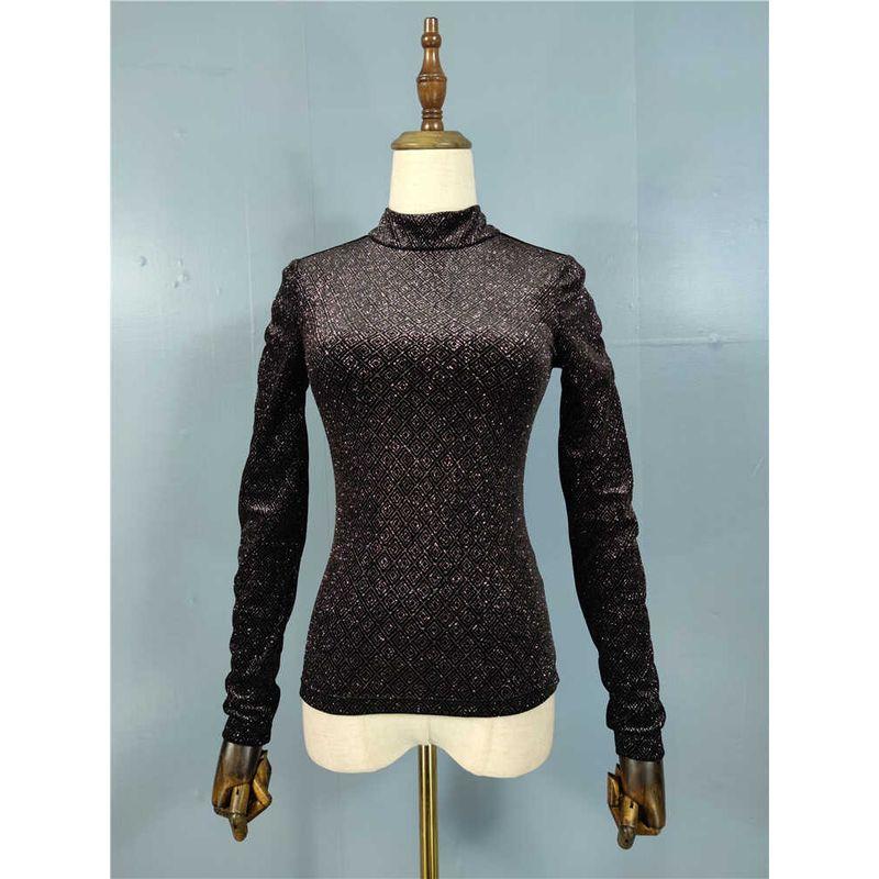 

Export Single FN Home Stand Collar Shiny Glitter Long Sleeves Summer New Arrival Versatile Personality Elegance, Fashion, Simplicity Tops Silver Black L