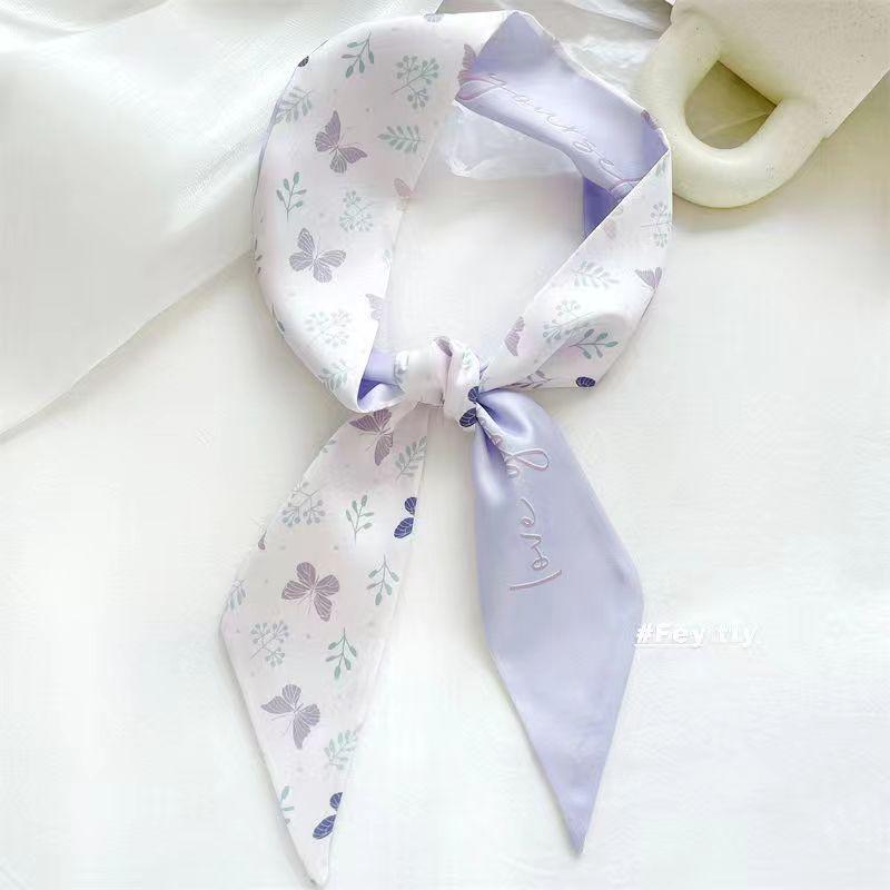 Small White And Tender Green Silk Scarf For Women, Thin Streamer, Headband, Hair Tie, Bag Decoration Long