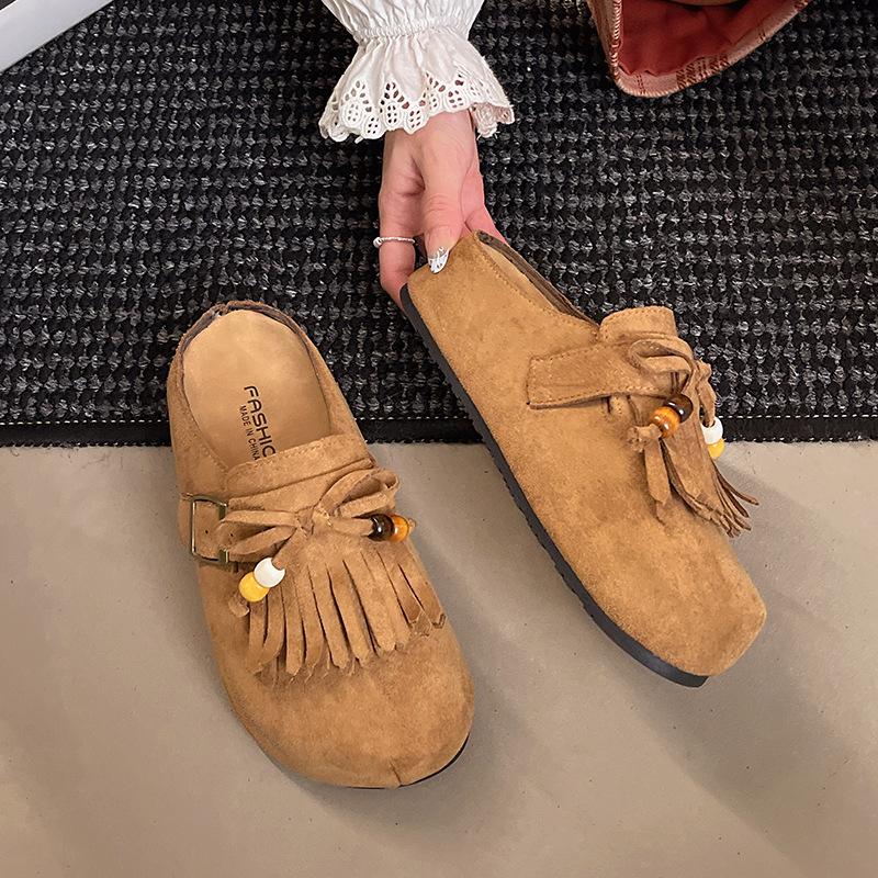 Retro Style Tassel Bag Head Half Slippers Women's 2025 Autumn New Flat-bottomed Lazy Belt Buckle Beaded Matte Slippers