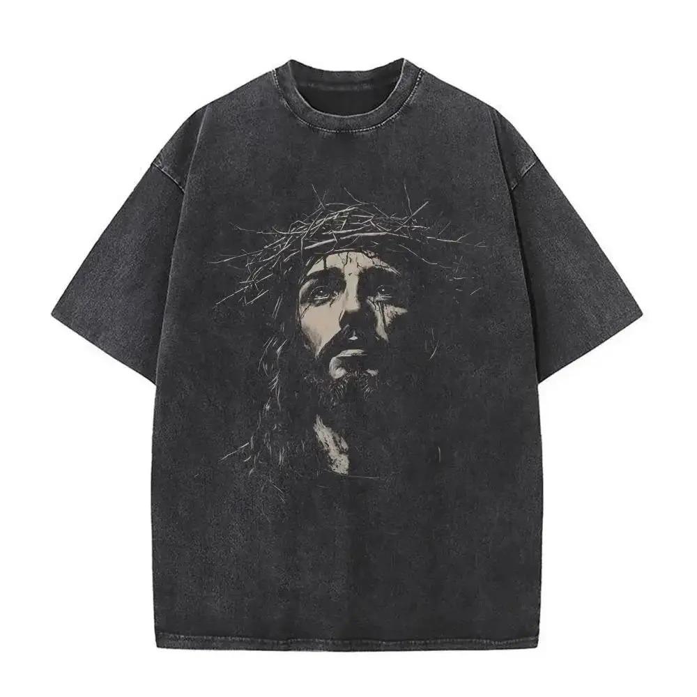 2026 Unisex Clothes Tee Shirt Homme Graphic T-Shirts Men Women Tshirt for Vintage Washed Jesus Is King Short Sleeved Round Neck Y2k