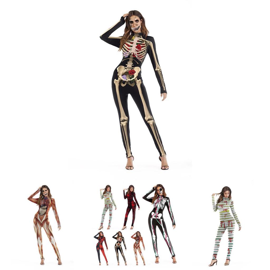 Women Halloween Scary Skull Skeleton Jumpsuit For Ghosts Festival Cosplay