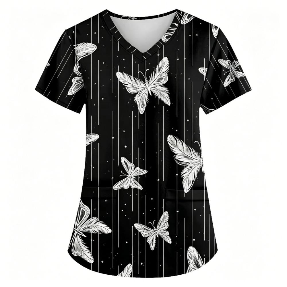 Women s V Neck Short Sleeve Butterfly & Feather Print Scrub Top with Pockets, Ideal for Spring Summer Casual & Medical Work Wear S