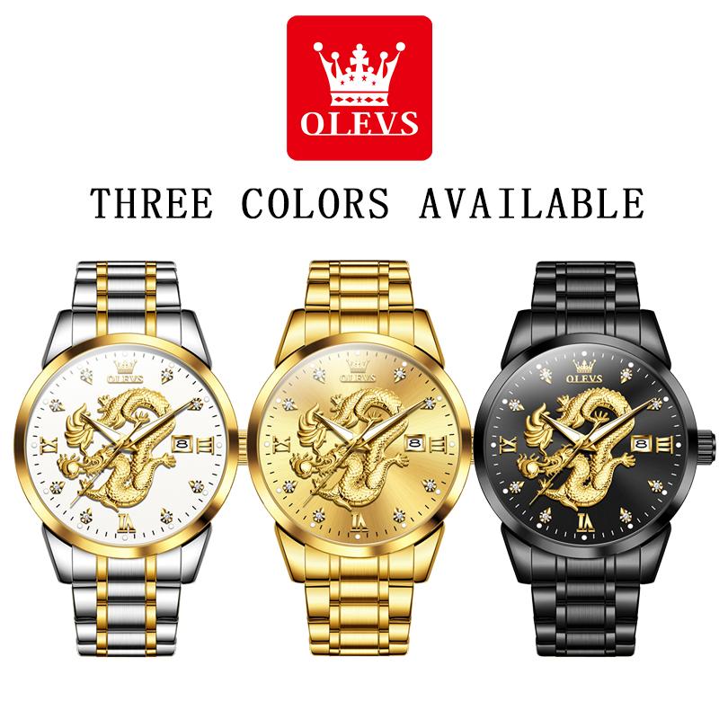 OLEVS Mens Watches Top Brand Luxury China Loong Dragon Dial Gold Quartz Watch for Men Waterproof Luminous Date Fashion Wacth Men