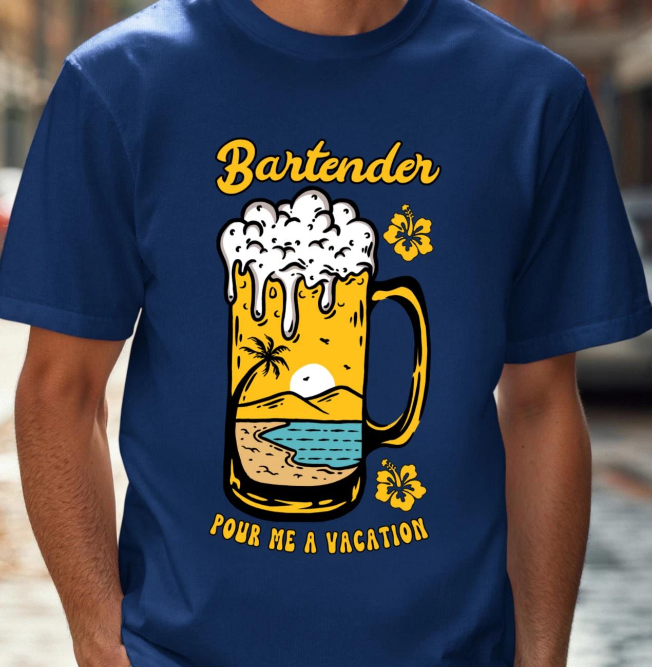 Bartender Pour Me A Vacation Mug T-shirt | Tropical Sunset Beer Tee, Beach Shirt 3XL