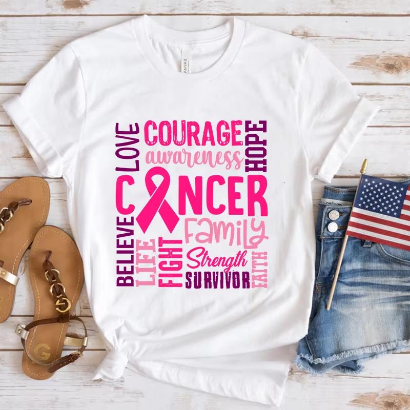 

Hot Breast Cancer Awareness Cancer Letter Printed T Shirts Women Unisex Casual Short Sleeve Summer Tops 4XL