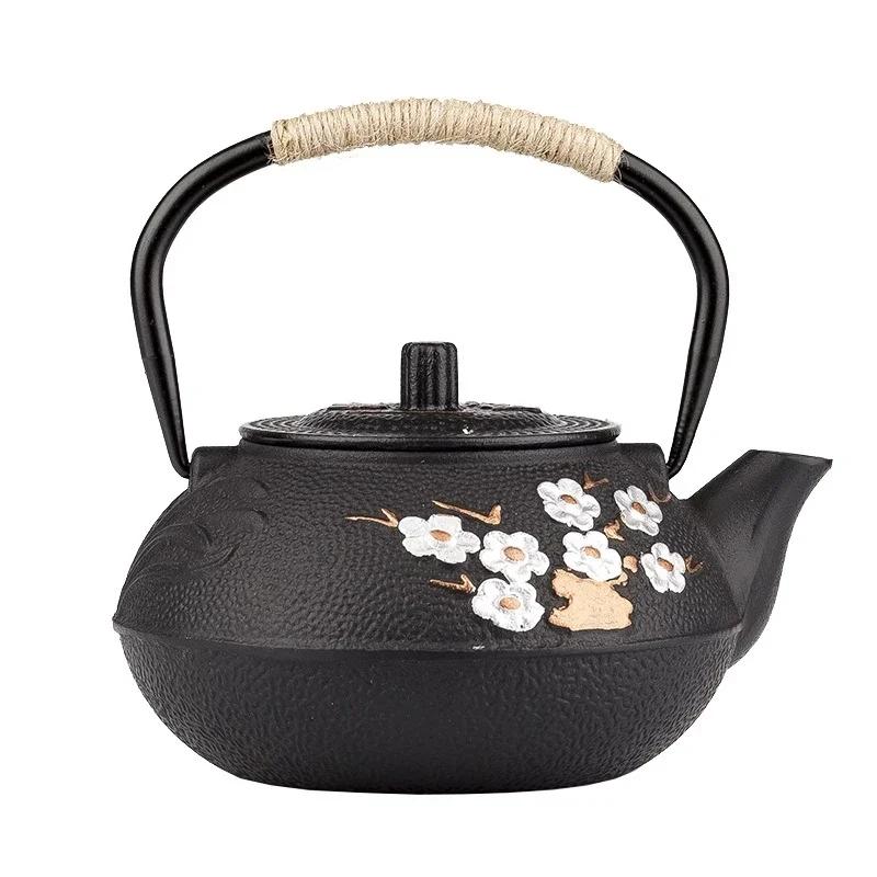 300ML 600ML 800ML Japanese Iron Tea Pot Plum and Bamboo Painted Cast Iron Kettle Boiling Water Set with Strainer Pot