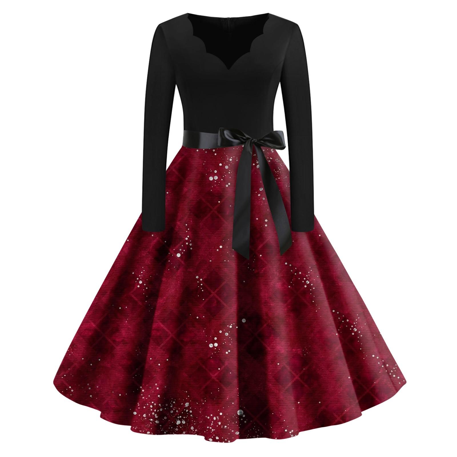 Women s Vintage Dress Neck Waist Tie Long Sleeves Halloween Print V Neck Swing Dress XXL