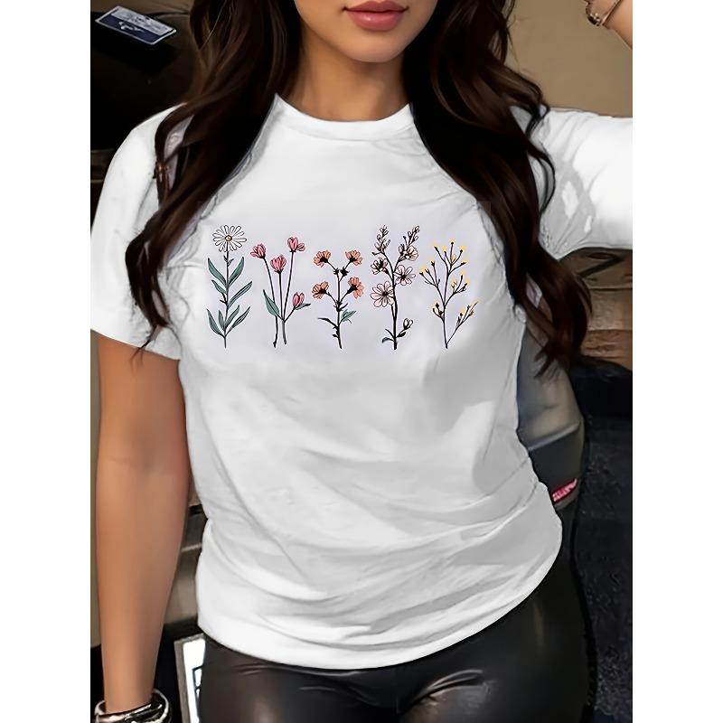 

European Size Women S Floral Print Sports Casual Round Neck Short Sleeve T-Shirt 4XL