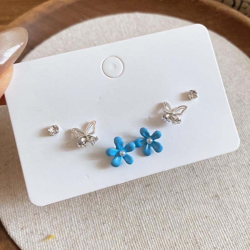 Silver Needle Diamond Drip Oil Flower Butterfly Stud Earrings Niche Fresh and Sweet Earrings Personality Elegant Versatile Earrings
