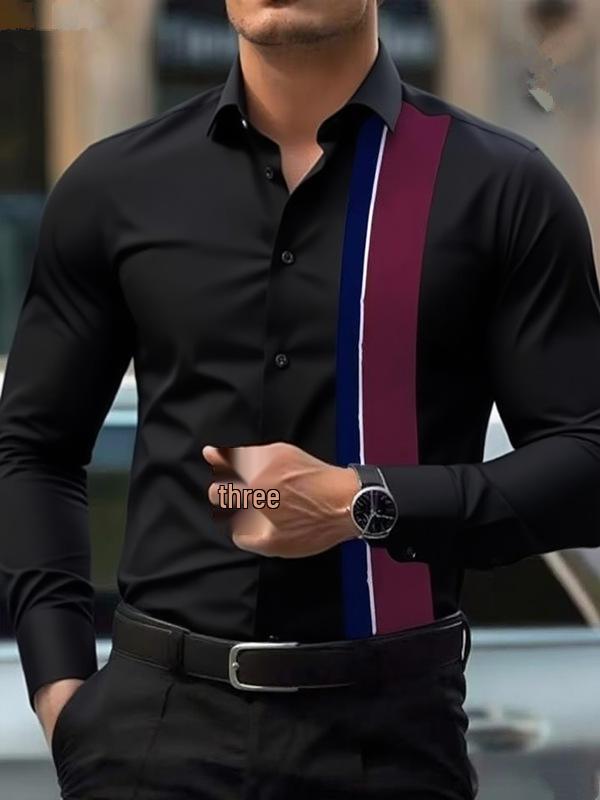 Men's Color Block Stretch Business Casual Long-Sleeved Shirt