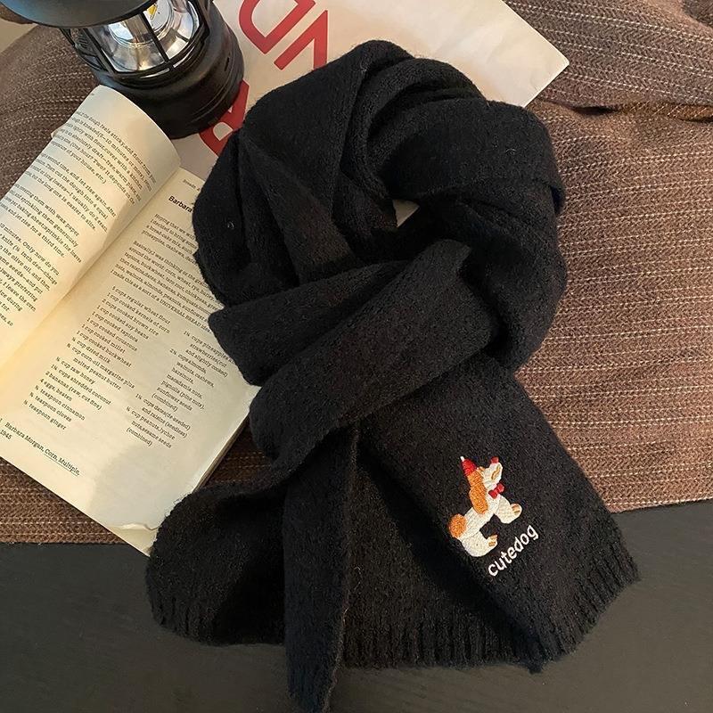 Korean Style Cute Puppy Embroidered Scarf for Women Winter Fashion Wool Blended Shawl Thickened Warm and Cold Proof Knitted Scarf
