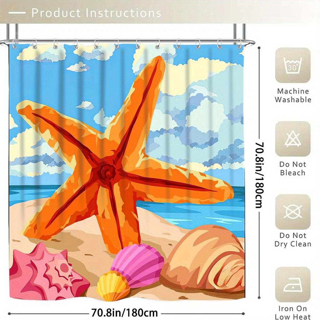 Starfish Decorative Shower Curtain Bathroom Set - Machine Washable, With 12 Hooks, Including Toilet Seat Cover And Bathtub Mat