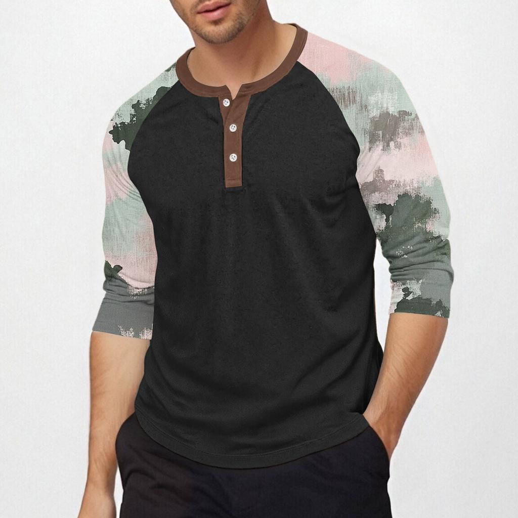 Men's Top with Three-quarter Sleeves and Camouflage Print