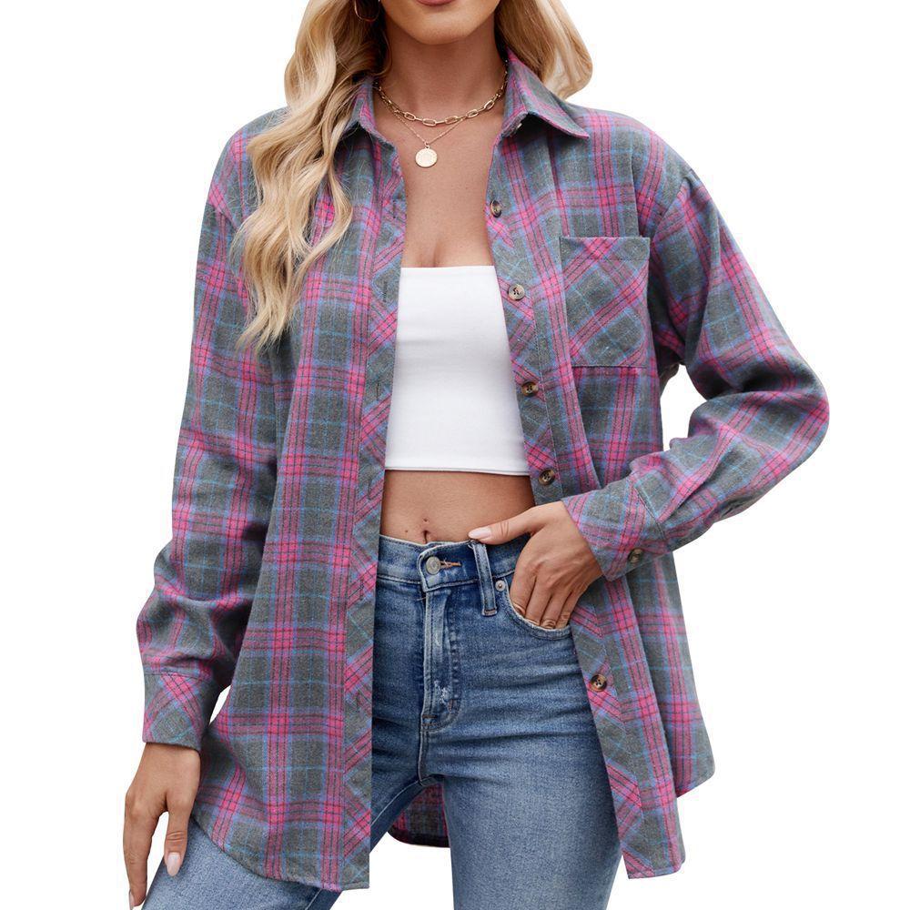 Women's Long Sleeve Plaid Shirt Turn Down Collar Streetwear Loose Fit Button Down Blouse With Pocket