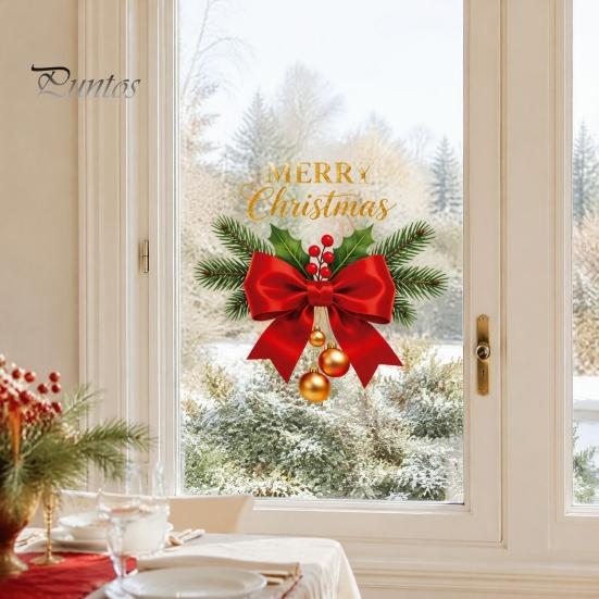 Decoratieve Balkon Glasstickers Kerstrood Strik Raamsticker, Gouden Letter Vrolijk Decal, Feestdagen Decals Waterdichte Raamstickers voor Huis School