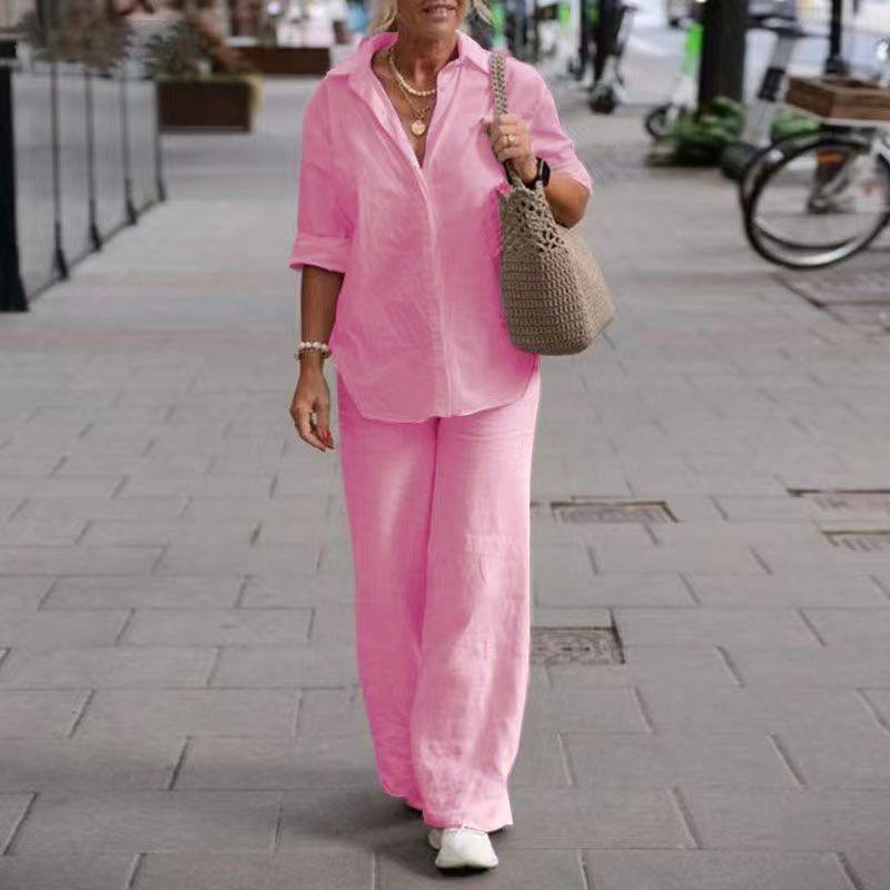 Lapel Long sleeve Shirts Spring and Autumn Leisure Solid Color Pants Wide Leg Suit Casual Top and Pants Set