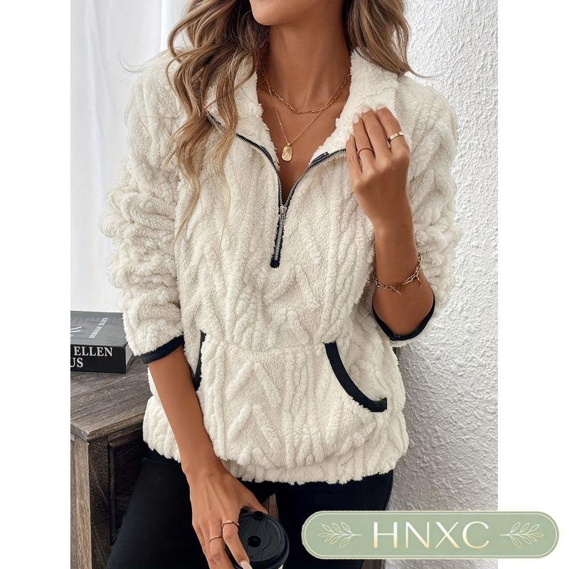 HNXC Women's Half Zip Cable Textured Fleece Pullover With Pockets Fashion Casual Autumn Winter Hoodie Classic Exquisite