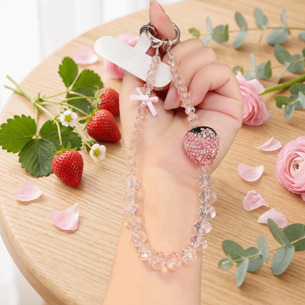 Pink Strawberry Mobile Phone Chain Bling Phone Lanyard Beaded Phone Bracelet Gift Girl