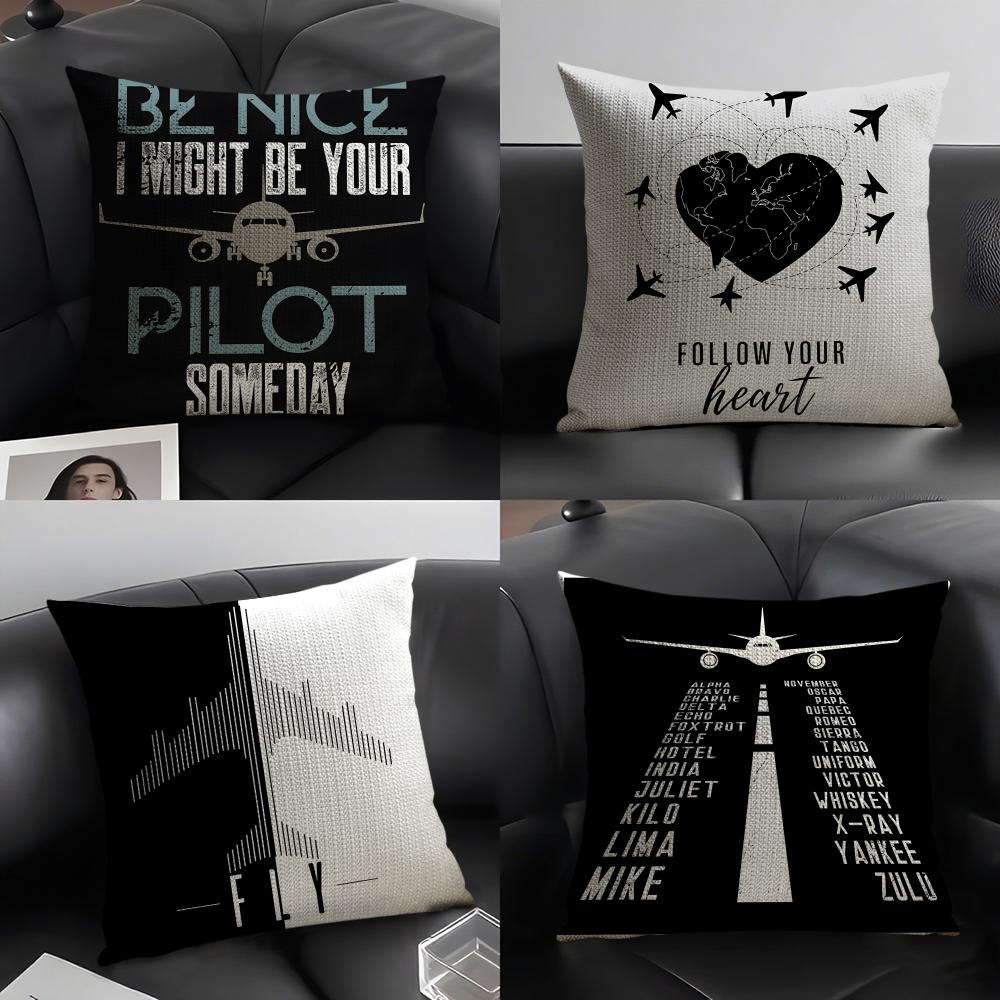 Black Pattern For Airplane Pilots 2 Pillow Case Natural Linen Double-Sided Printing Sofa Home Decor Cushion Cover