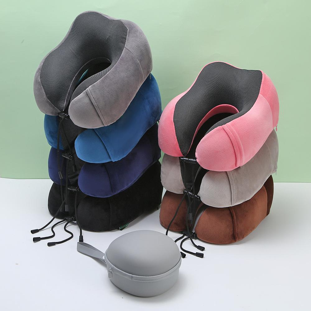 U-Shaped Memory Foam Neck Pillow with Buckle Design - Solid Color, Slow Rebound, Foldable for Office Naps