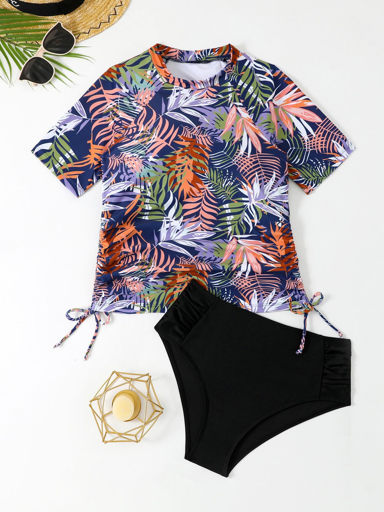 Новый женский двухсекционный купальник-танкини с высоким воротником и короткими рукавами, консервативный стиль Large цветочный