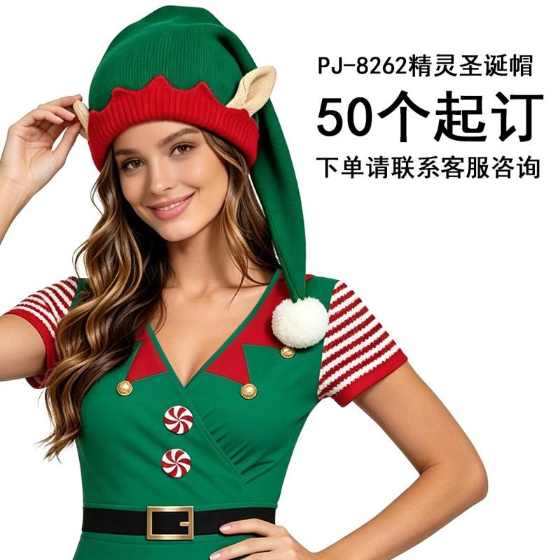 Christmas-themed elf suit, short-sleeved collar, candy button, waist swing skirt, company Christmas party wear