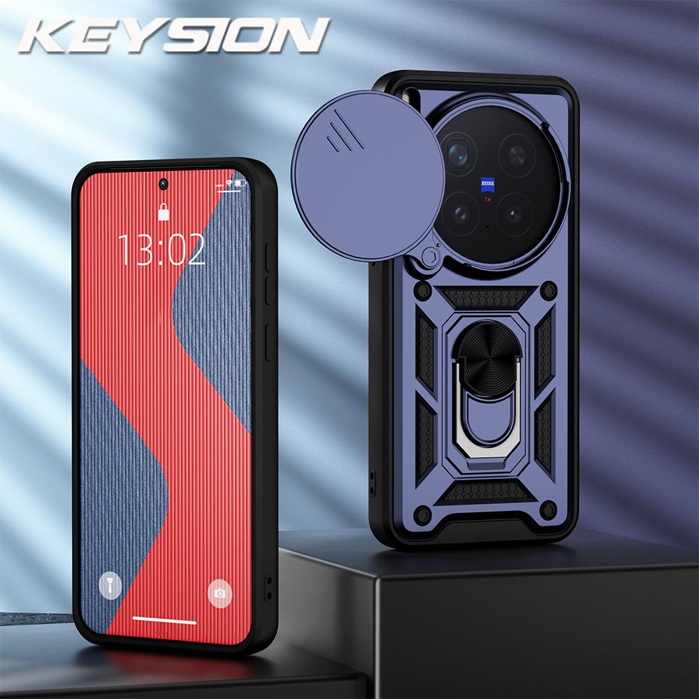 KEYSION Shockproof Armor Case for VIVO X300 Pro 5G Silicone+PC Slide Camera Lens Protection Ring Stand Phone Cover for VIVO X300