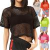 Fischernetz Locker T-Shirts Sexy O-Ausschnitt Kurzarm Ausgeschnitten Schwarz Cropped Tee Tops