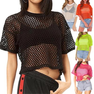 Διχτυωτά Φαρδιά T-shirts Σέξι Λαιμόκοψη V Κοντομάνικα Δαντελωτά Μαύρα Κοντά T-shirts