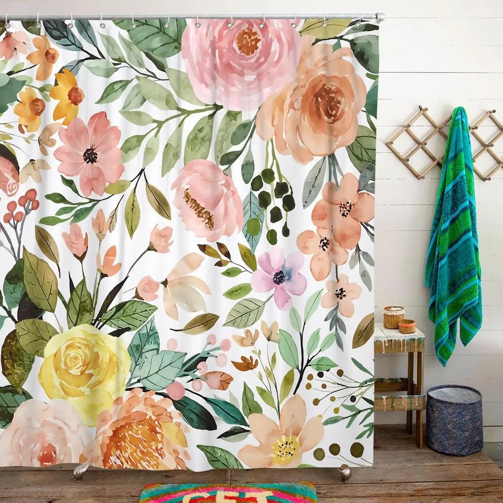 Bohemian Colorful Flowers Spring Summer Wildflower Shower Curtain, Polyester Fabric Waterproof Bath Decorative Shower Curtain