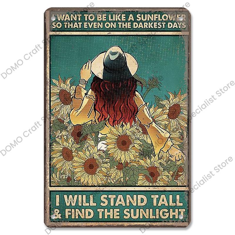 Gartenplaketten, Vintage-Metallblechschilder, Katze, Hund, Sonnenblumen, Mädchen, Metallplatte, Blumenladen, Herrenhaus, Wohnzimmer-Wanddekoration