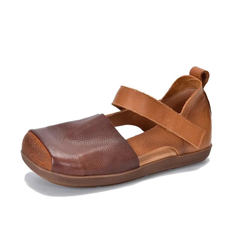 Johnature Retro Genuine Leather Sandals For Women's Mixed Colors Square Toe Soft Sole Flat Shoes