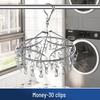 Stainless Steel Multifunctional Windproof Sock and Clothes Hanger with Clips for Home and Dorm Use.