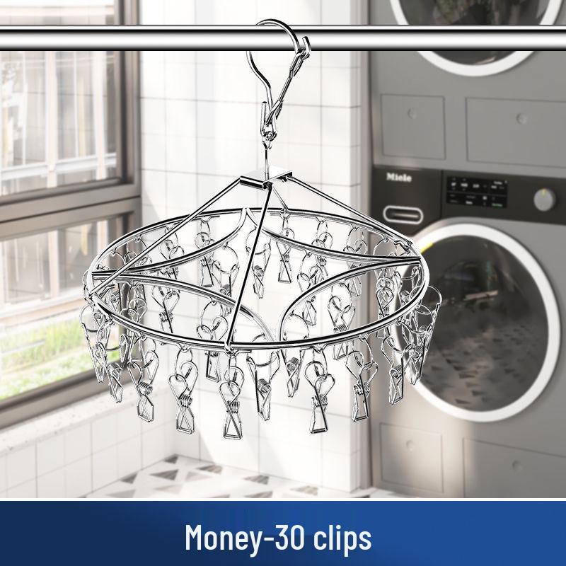 Stainless Steel Multifunctional Windproof Sock and Clothes Hanger with Clips for Home and Dorm Use.