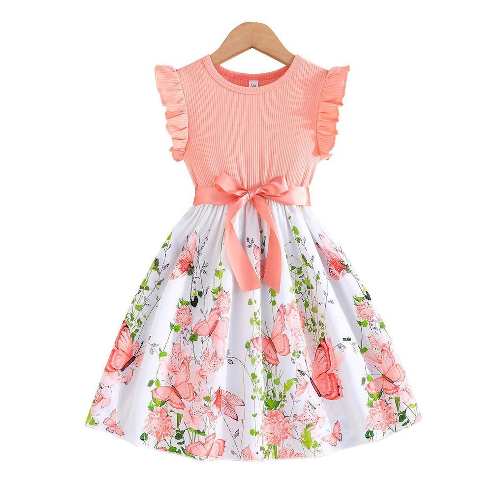 Girls' Butterfly Print Color Block Sleeveless Ruffle Dress with Belt